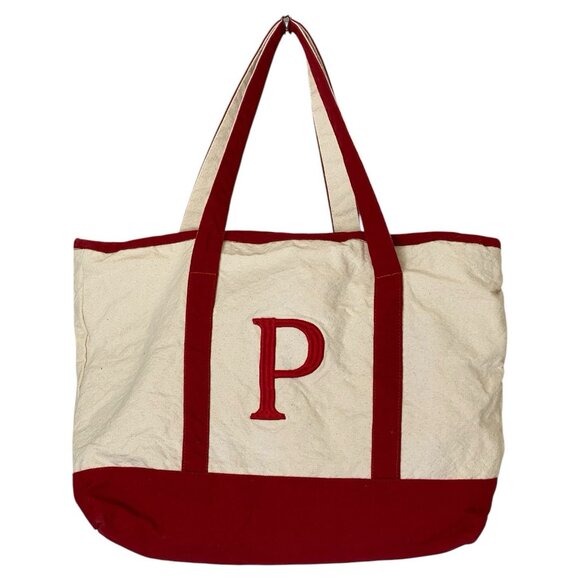 Nantucket Distributing Handbags - Nantucket Distributing Tote Bag - Initial P - Beach, Pool Theme - Red & Cream